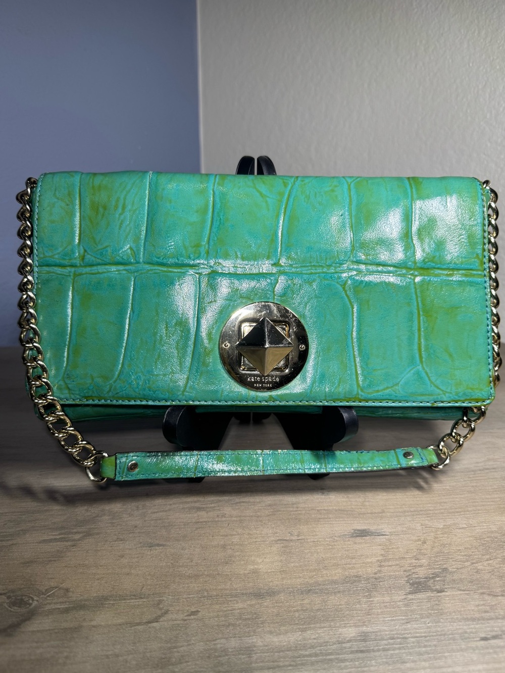 Kate Spade Aqua Croc Embossed Leather Chain Clutch Crossbody Bag